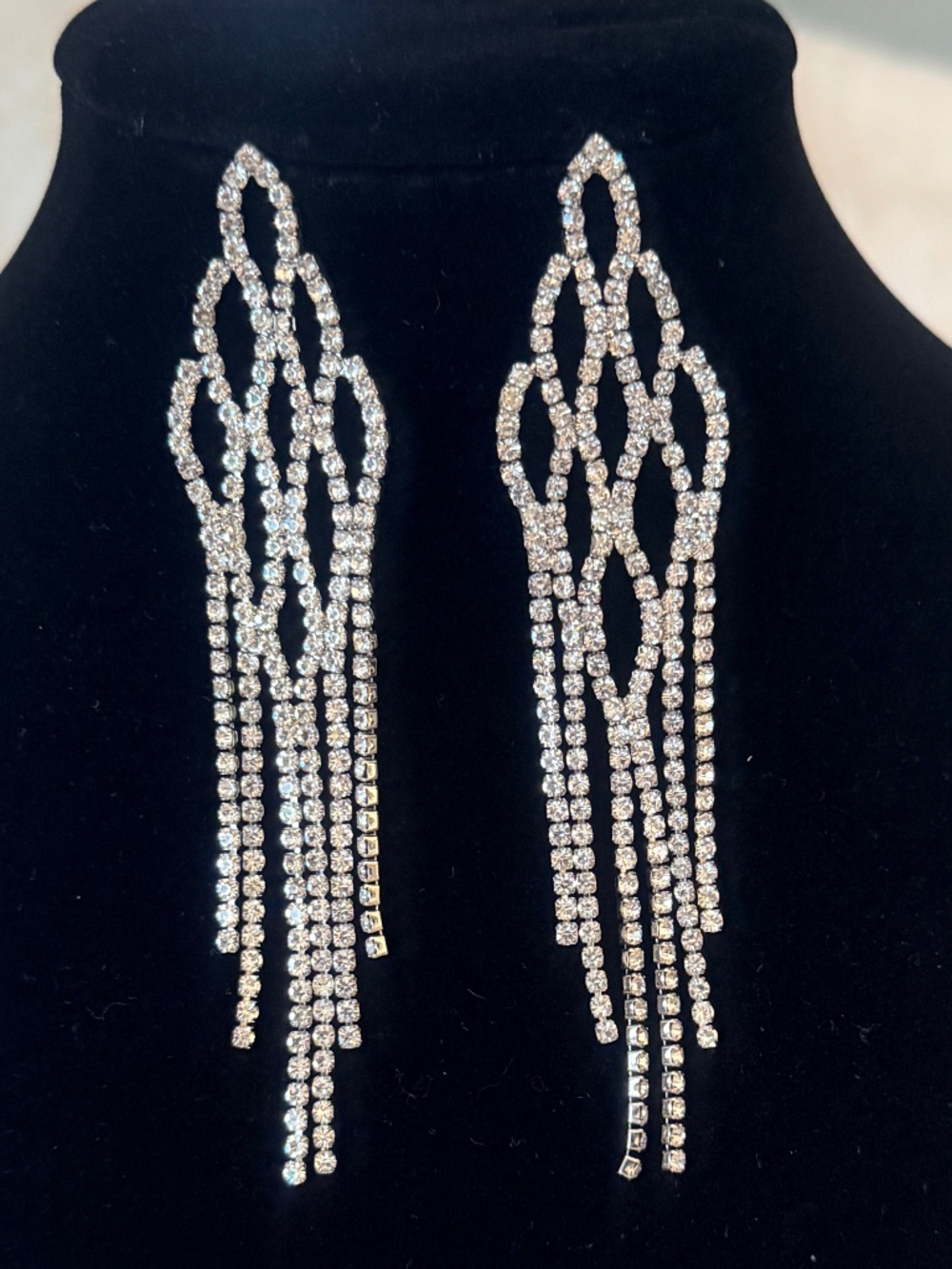 Vintage Inspired Hollywood Art Deco Tiered Rhinestone Chandelier Earrings 4"